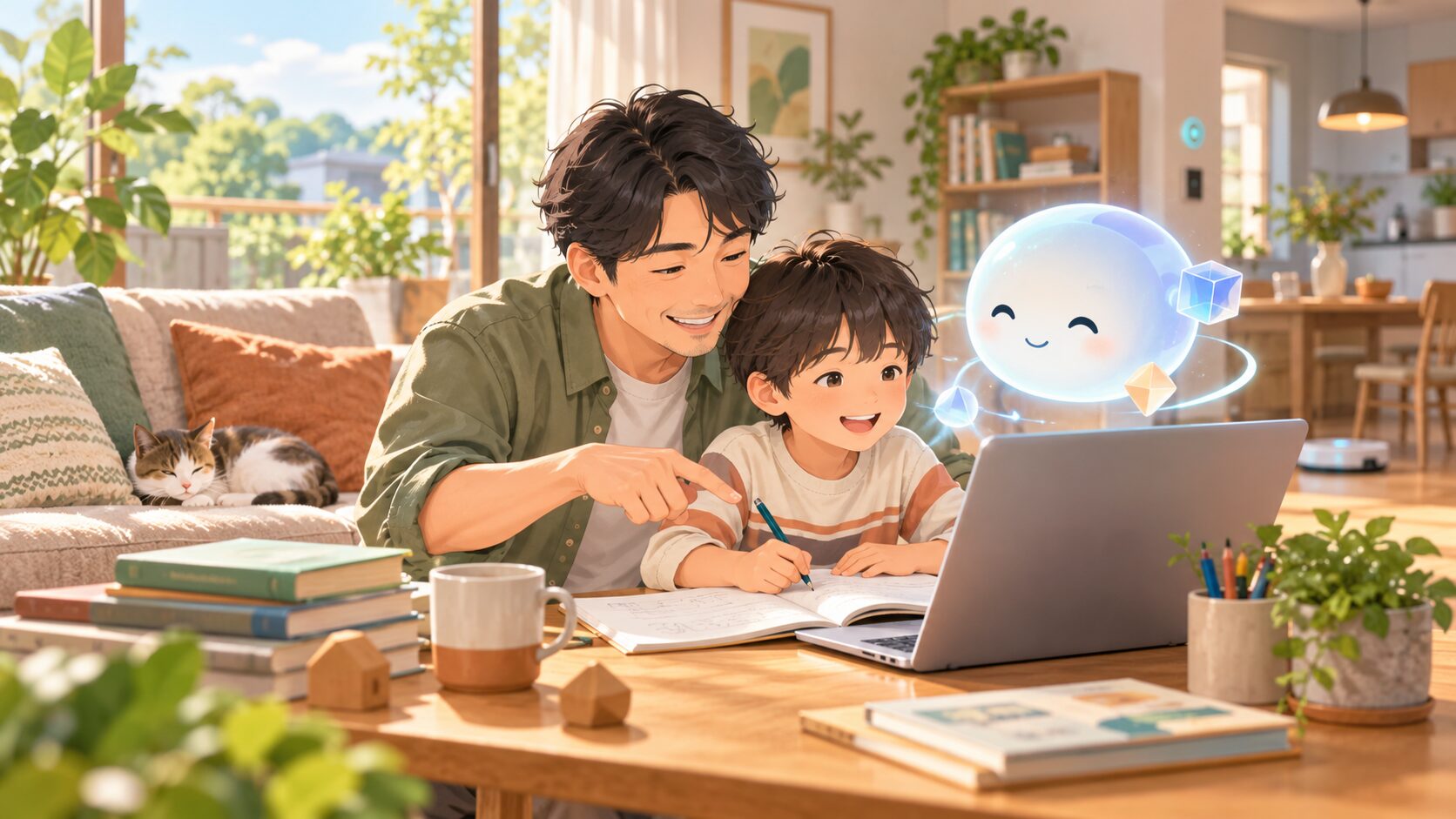 父親と子どもが家庭でAIを学びながら活用する様子