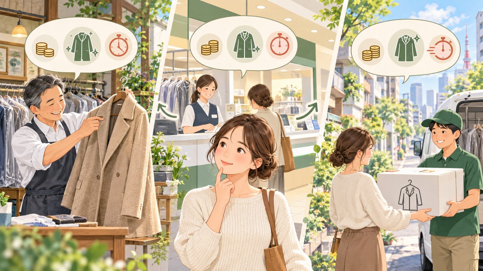 クリーニング店の種類と仕上がりの違いを比較する様子