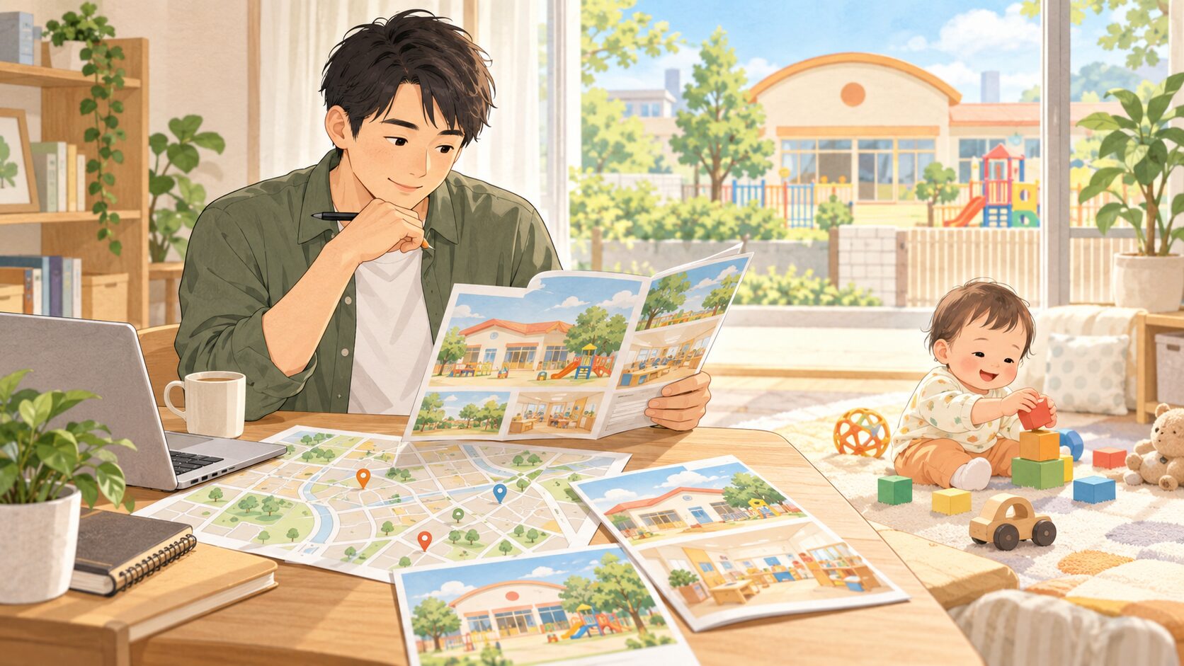 保育園の候補を調べる育休中のパパ