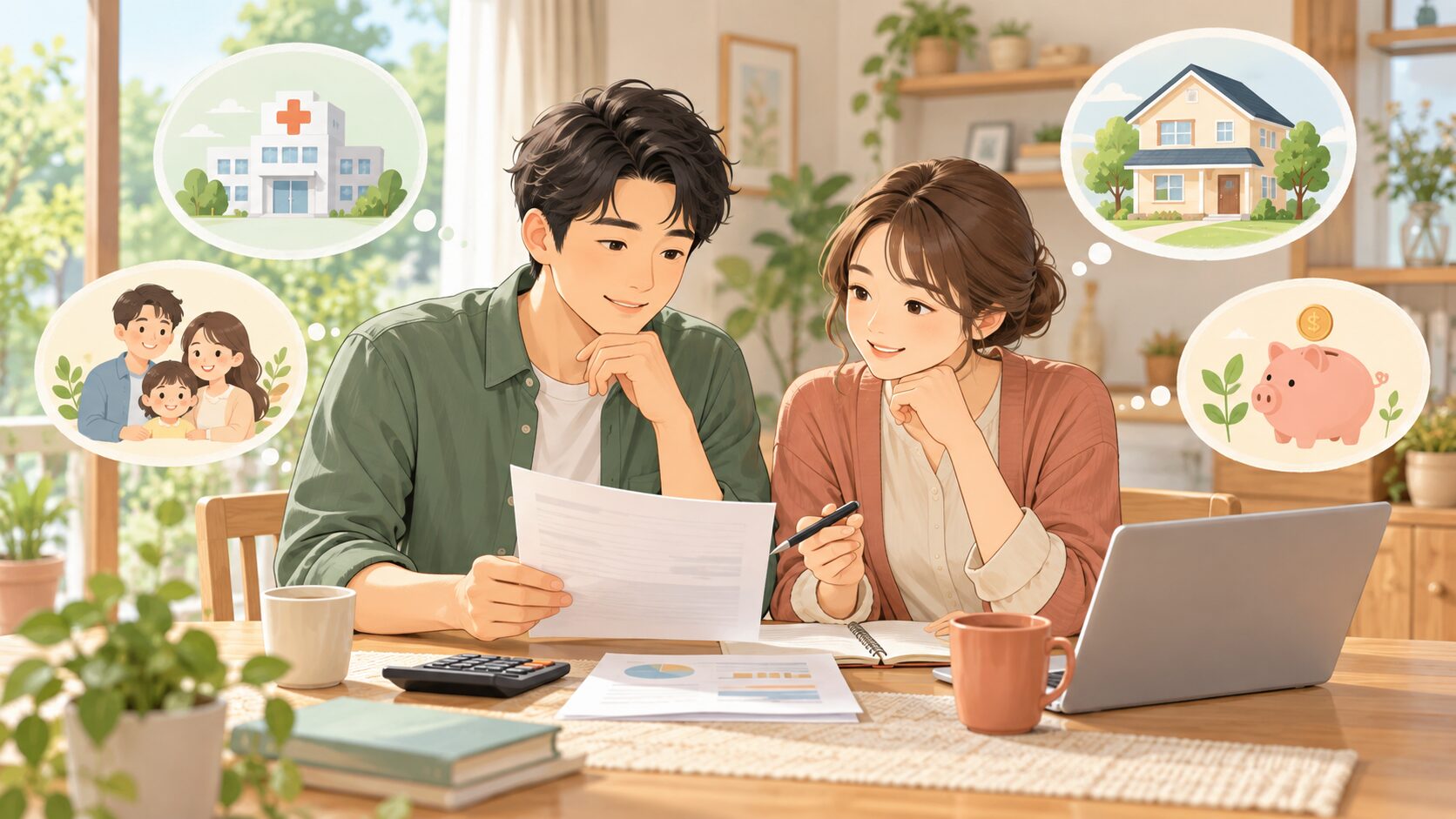 夫婦で家族の保険と保障内容を確認している様子
