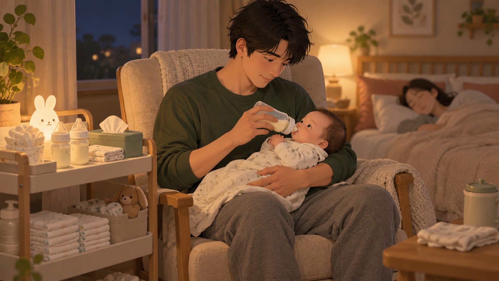 父親が夜間に赤ちゃんへ液体ミルクを授乳する様子