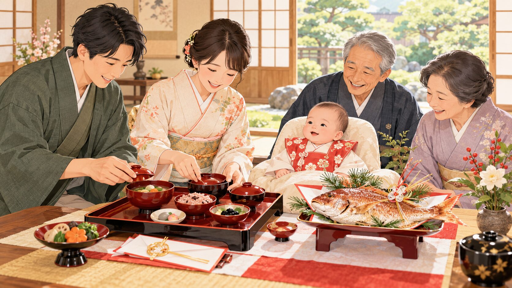 家族でお食い初めのお祝い膳を準備する様子