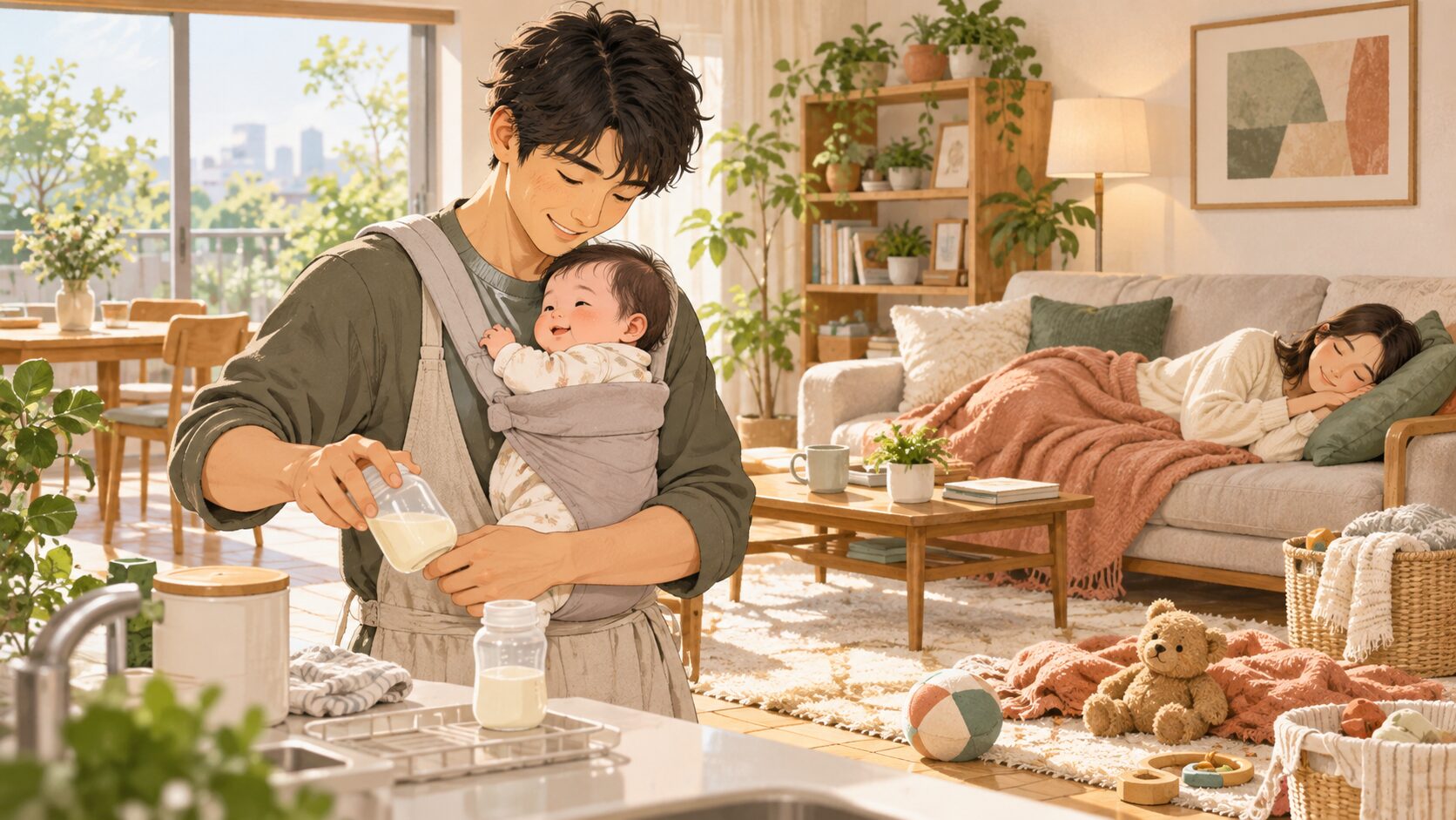 赤ちゃんのお世話をしながら家族を支えるパパ