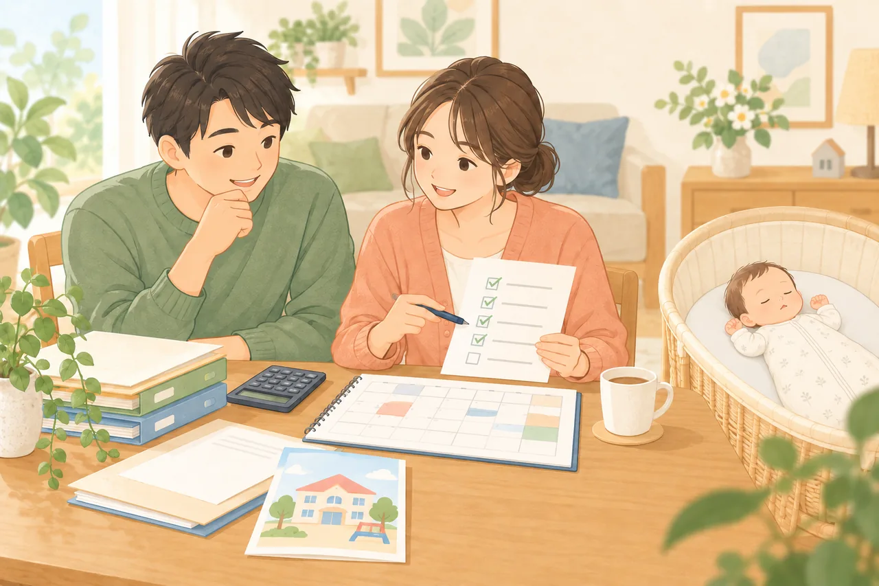 出産前後の手続きや家計、保活の準備を夫婦で確認するイラスト