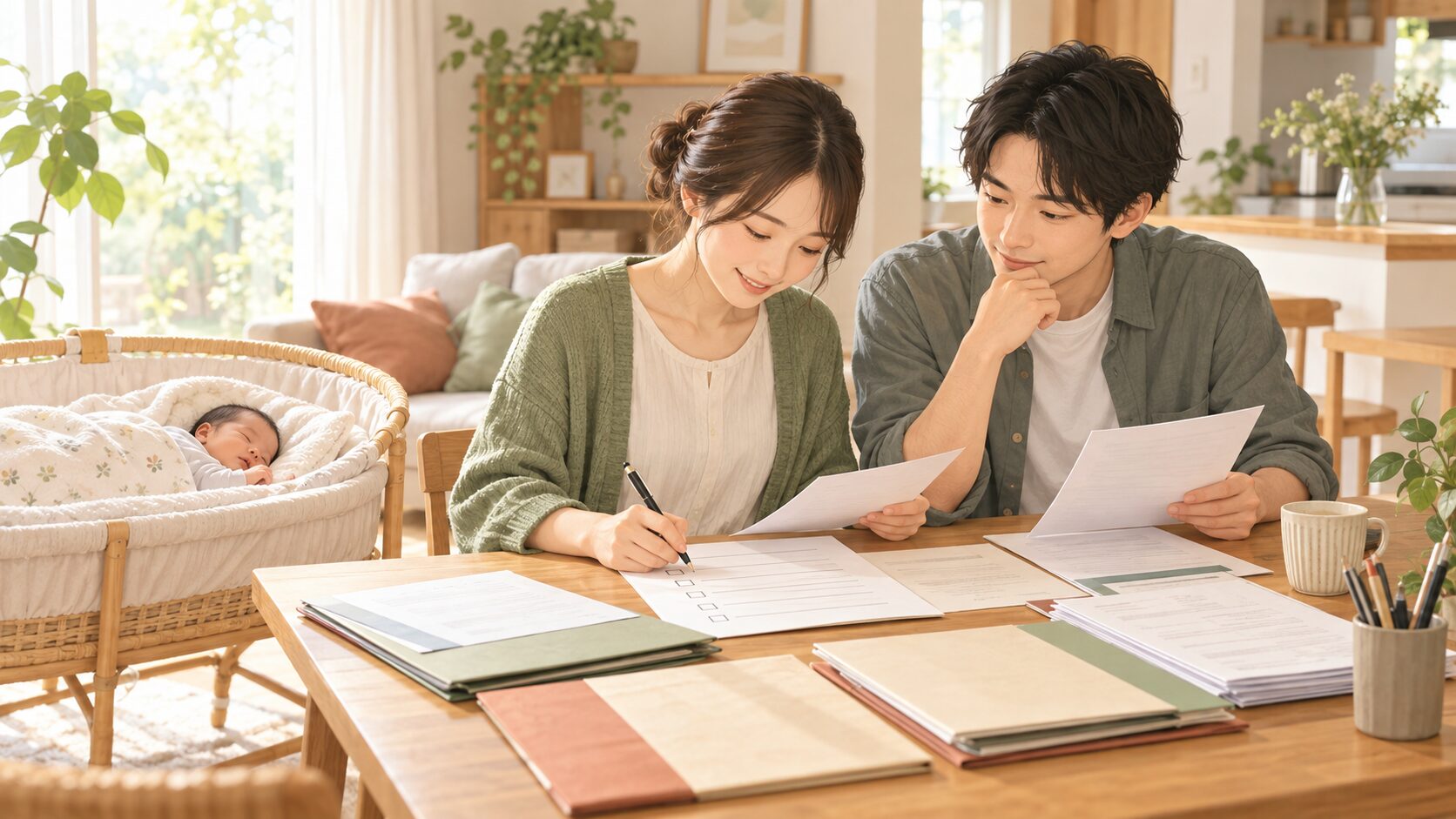 出生後の手続きを確認するパパとママ